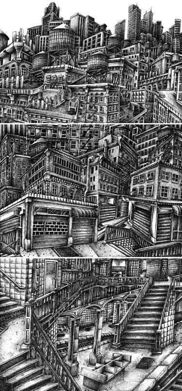 ink drawings of buildings