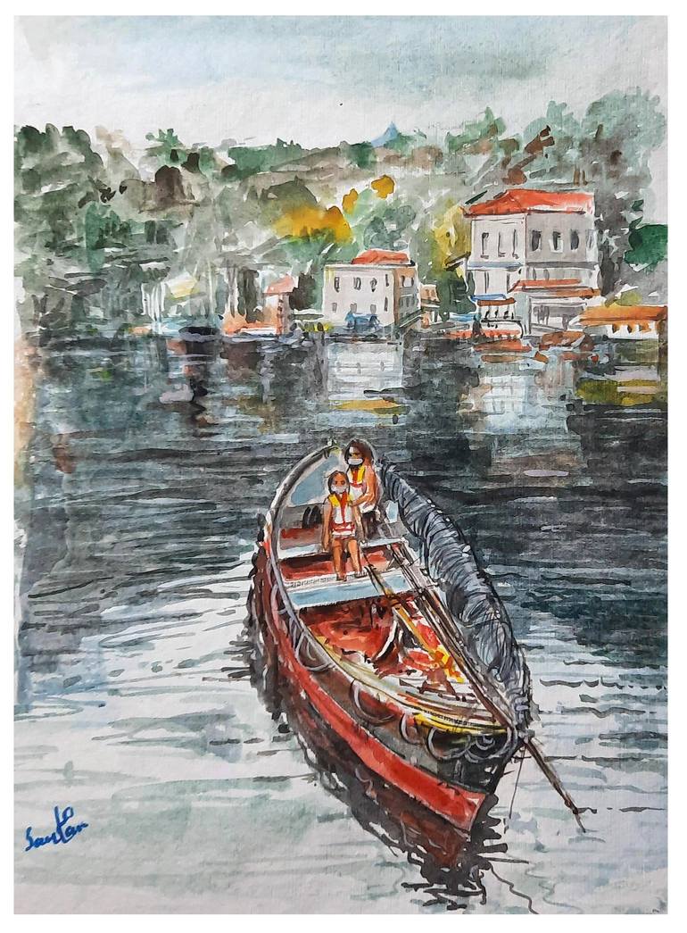 Original Boat Painting by Santanu Santan Kumar