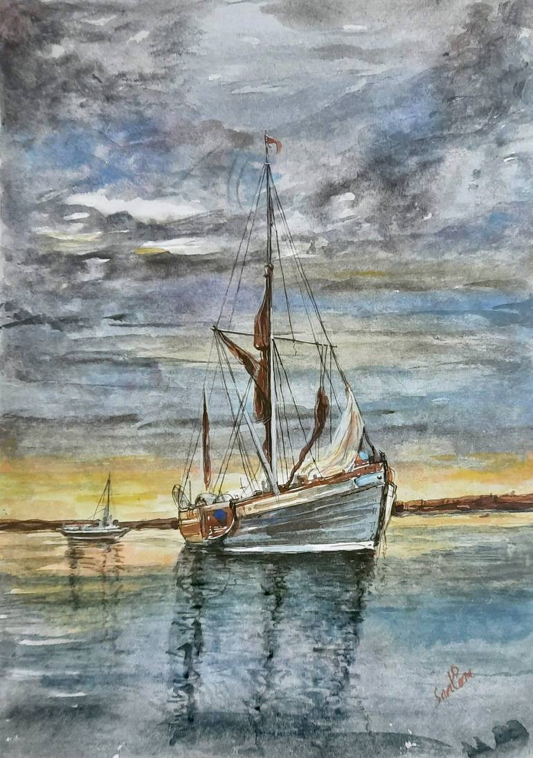 Original Boat Painting by Santanu Santan Kumar