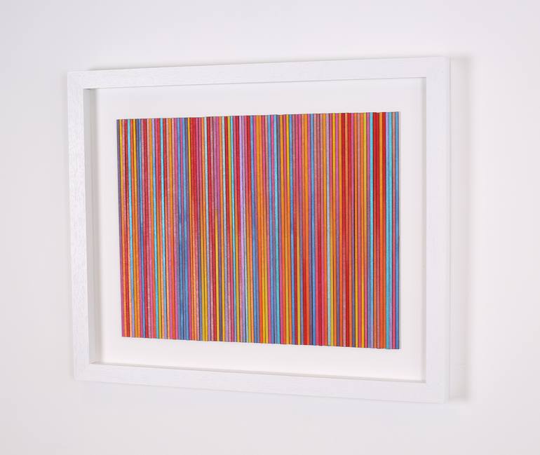 Orange, red, bright blue metallic wood fine stripe panel Painting by ...