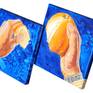 Peeling an orange is a pleasure in itself. With the blue background the fruit shines in high contrast.
