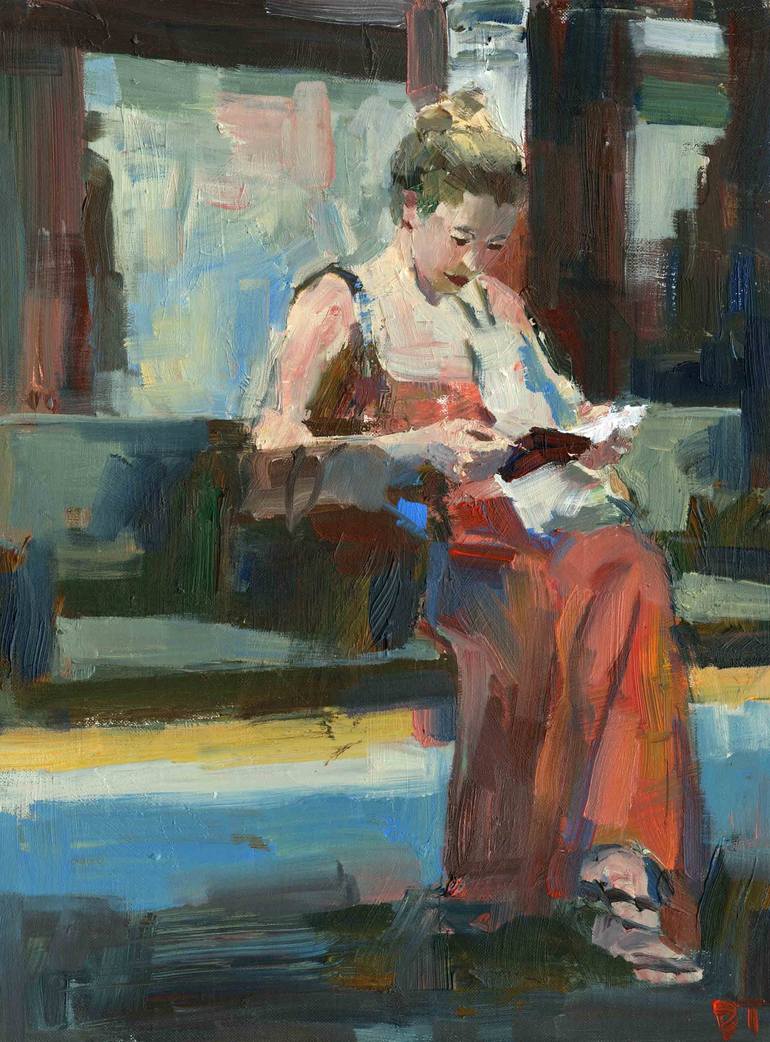 Wooden Bench red Dress Painting by Darren Thompson | Saatchi Art