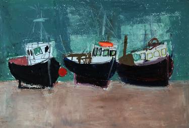 Three Black Cornish Fishing Boats thumb
