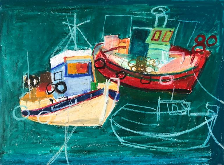 Greek Fishing Boats Drawing by Mary Ruggeri | Saatchi Art