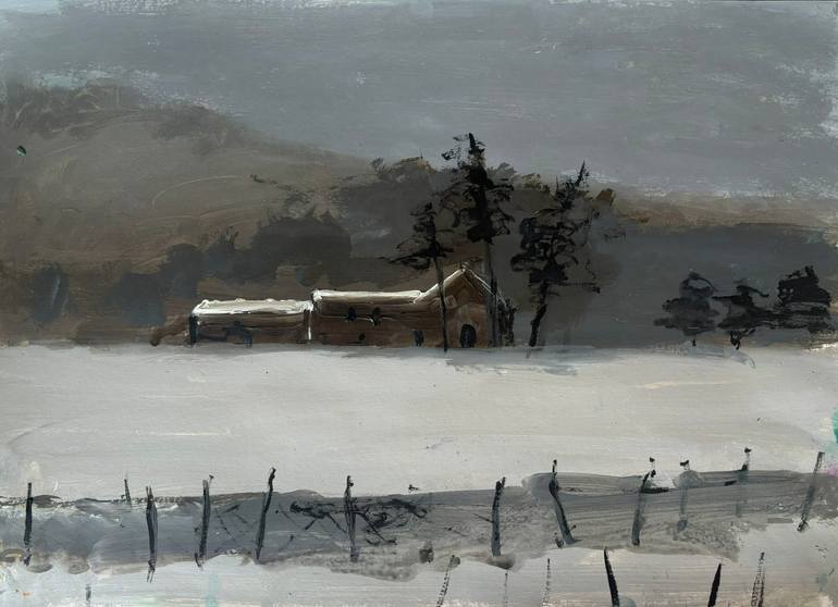 Original Landscape Painting by Mary Ruggeri | Expressionism Art on Paper | Farmhouse in the Snow