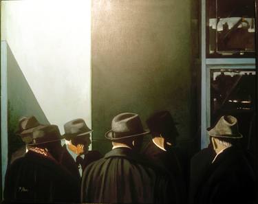 Painting: Men with hats Acrylic on canvas, with black frame. thumb