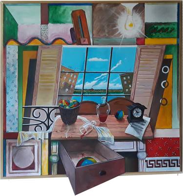 "Still life in a room with window" 57''x 52'' Mix media - acrylic on canvas, frame included, no glass thumb