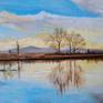 Oil on canvas. Dramatic scene of landscape just before storm. Beautiful sky changing from calm to storm reflecting everything in the water.