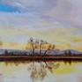 Oil on canvas. Dramatic scene of landscape just before storm. Beautiful sky changing from calm to storm reflecting everything in the water.