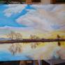 Oil on canvas. Dramatic scene of landscape just before storm. Beautiful sky changing from calm to storm reflecting everything in the water.