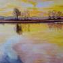 Oil on canvas. Dramatic scene of landscape just before storm. Beautiful sky changing from calm to storm reflecting everything in the water.