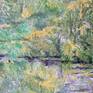 Oil on canvas. Scene of Hampstead Heath Pond in London. Large painting with beautiful balance of colours reflecting on water.