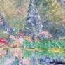 Oil on canvas. Scene of Hampstead Heath Pond in London. Large painting with beautiful balance of colours reflecting on water.