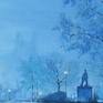 Oil on canvas. Scene of Westminster Big Ben from North side of the river. It is early in the morning with whole Parliament surrounded by fog.