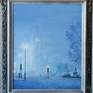 Oil on canvas. Scene of Westminster Big Ben from North side of the river. It is early in the morning with whole Parliament surrounded by fog.
