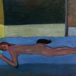 Figure lying with black cat by susana mata