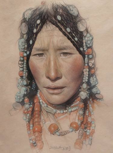 Portrait of the Tibetan girl wearing a headdress thumb