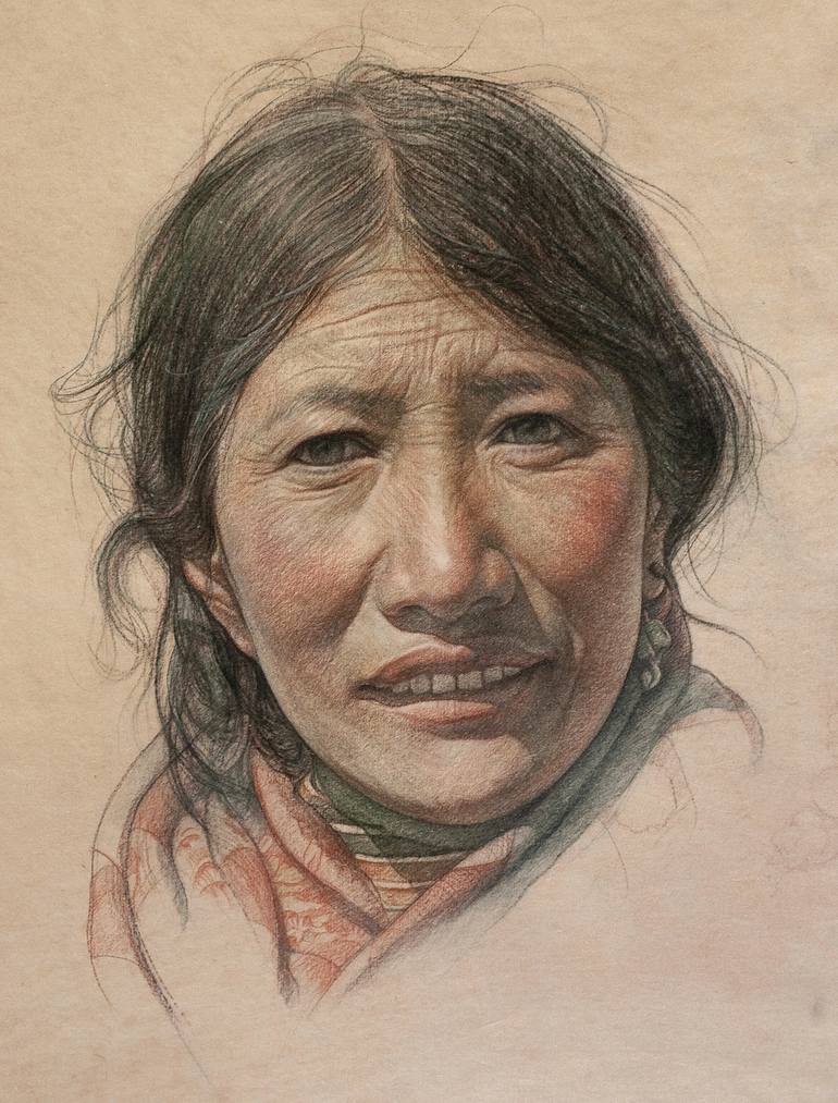 Portrait of Tibetan Aunt Drawing by Weillie Wu | Saatchi Art