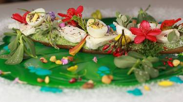 Delicious gourmet meal with flowers restaurant hotel kitchen plating by the chef - Limited Edition 1 of 50 thumb