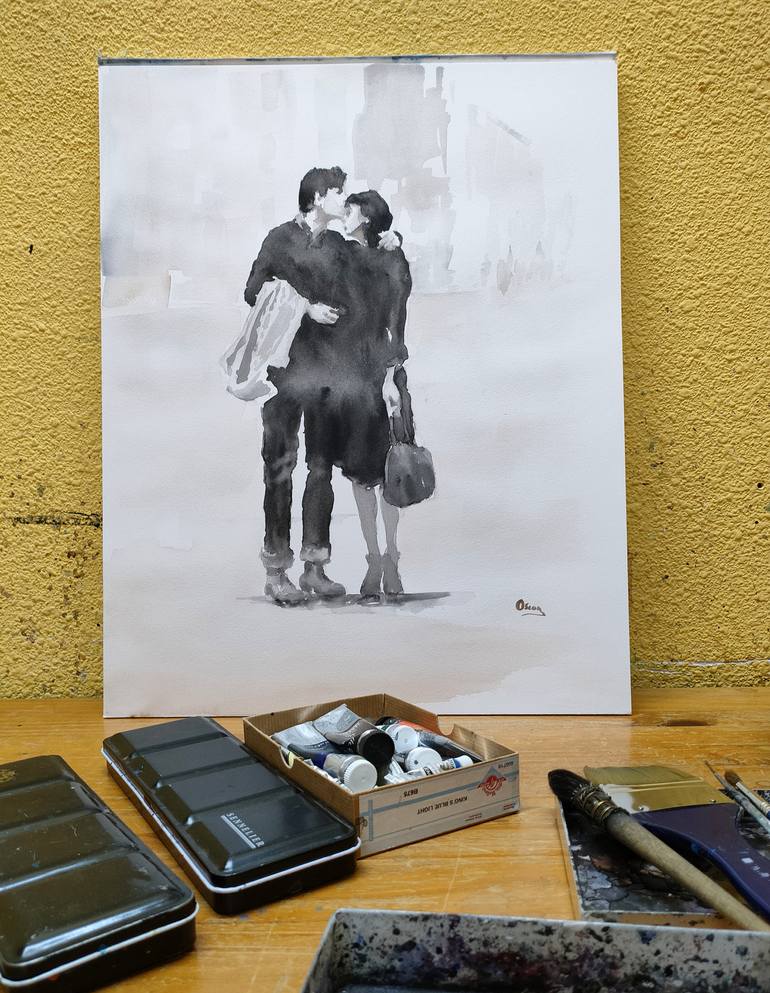 Original Black & White Love Painting by Oscar Alvarez