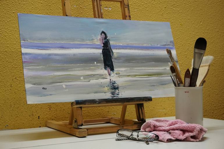 Original Figurative Beach Painting by OSCAR ALVAREZ