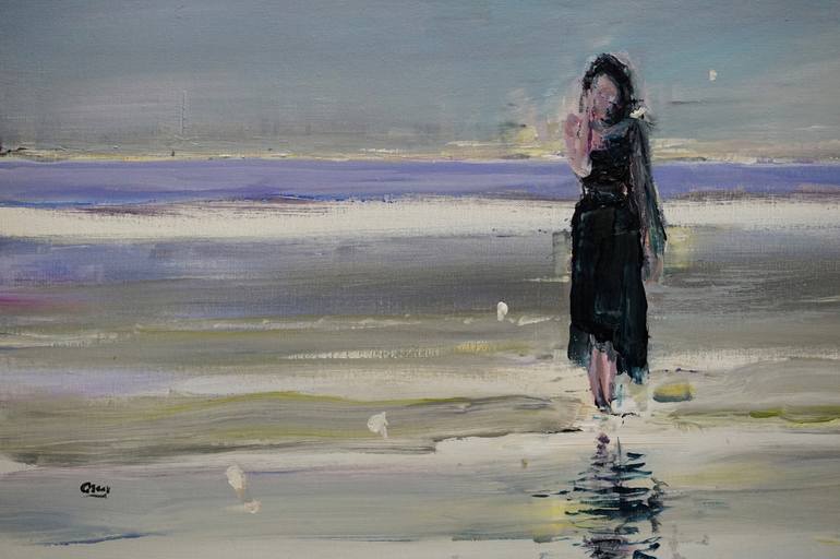 Original Figurative Beach Painting by OSCAR ALVAREZ