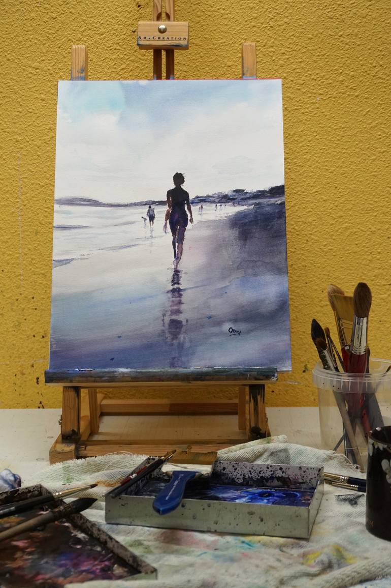 Original Figurative Beach Painting by OSCAR ALVAREZ