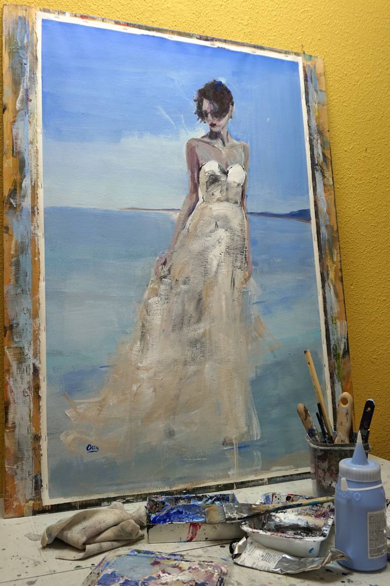 Original Figurative Beach Painting by Oscar Alvarez