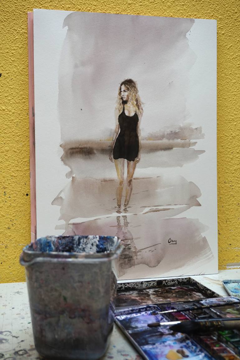 Original Figurative Beach Painting by Oscar Alvarez