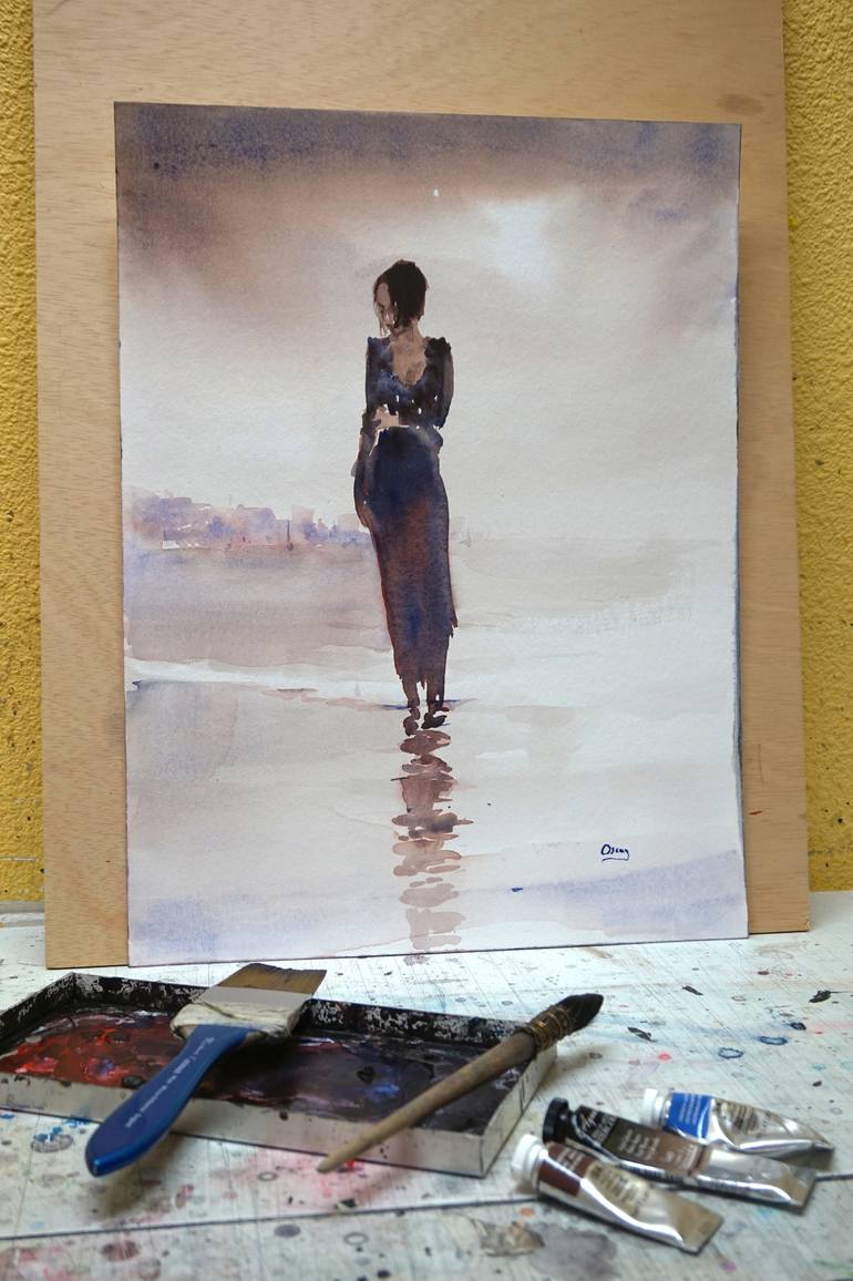 Original Figurative Beach Painting by OSCAR ALVAREZ