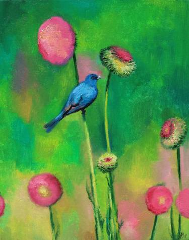 "Indigo bunting on thistle flower" SOLD thumb