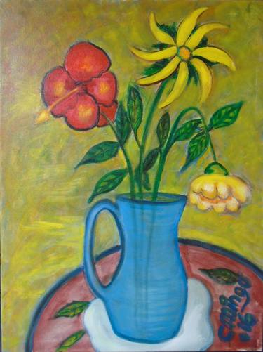 Flowers in blue pitcher thumb