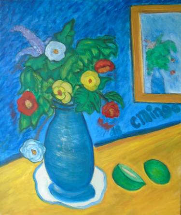 Flowers on a blue vase and blue background thumb
