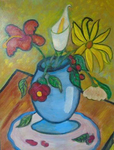 Tropical flowers in blue vase thumb