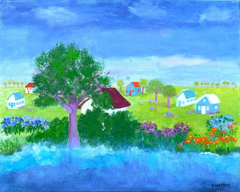 Original Landscape Painting by Stephanie Warburg | Impressionism Art on Canvas | - The Village on the Lake -