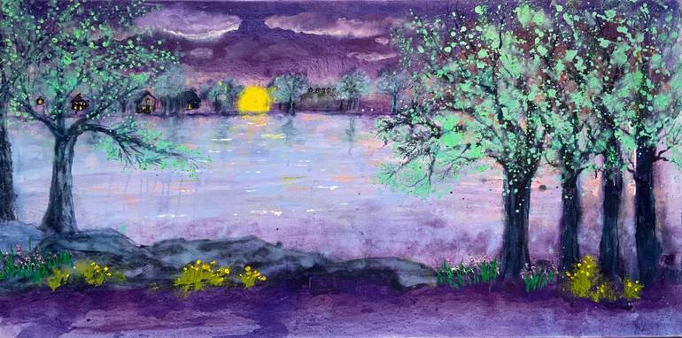 Original Botanic Painting by Stephanie Warburg | Impressionism Art on Canvas | - Nightfall on the River II -