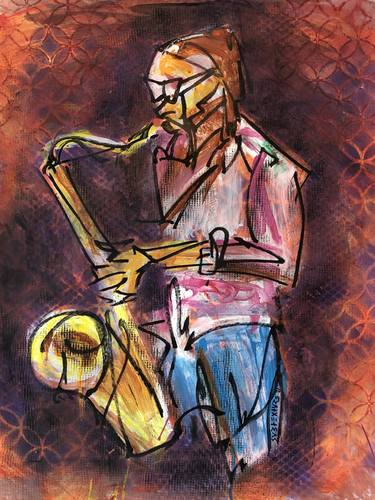 Saxophone player on purple thumb