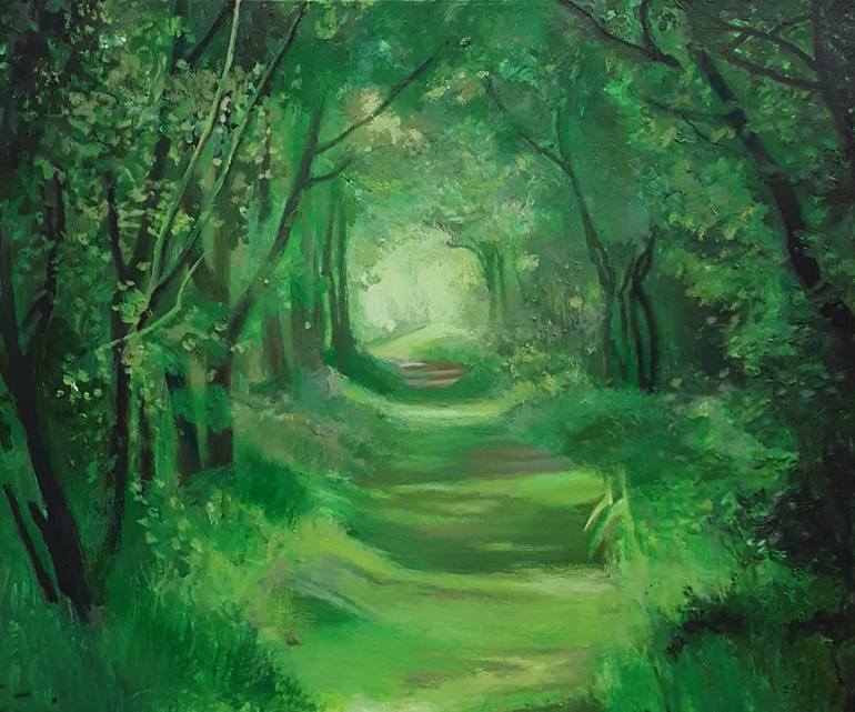 green forest path painting