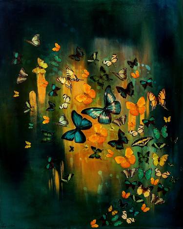 SOLD Butterflies on Deep Blues and Greens thumb
