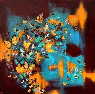 SOLD Butterflies on Turquoise/Maroon/Yellow image