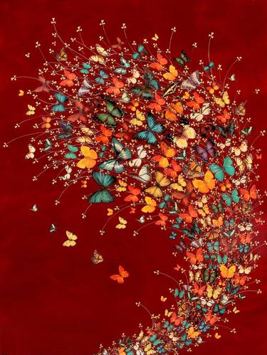SOLD Butterflies on Deep Crimson image