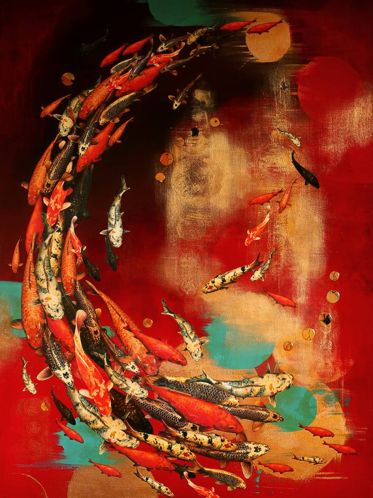 Koi on Crimson with Turquoise and Gold Painting by Lily Greenwood ...