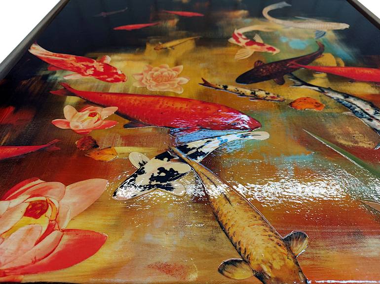 Japanese koi fish painting watercolor orange, black and gold on Metal Print