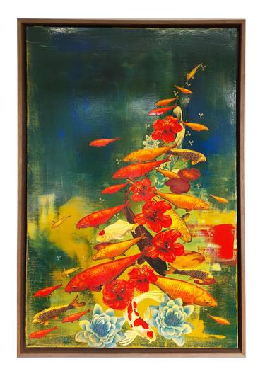 Saatchi Art Artist Lily Greenwood; Paintings, “Koi on Greens/Ochre with Hibiscus” #art