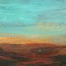 From Laura's 'Horizon' series, inspired by big skies and memory of the landscape. This painting is layered with texture and metallics with an aqua sky and a iron oxide foreground. This works well as a group or on its own.