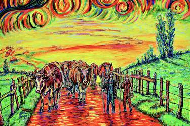 Print of Expressionism Cows Paintings by Viktor Lazarev