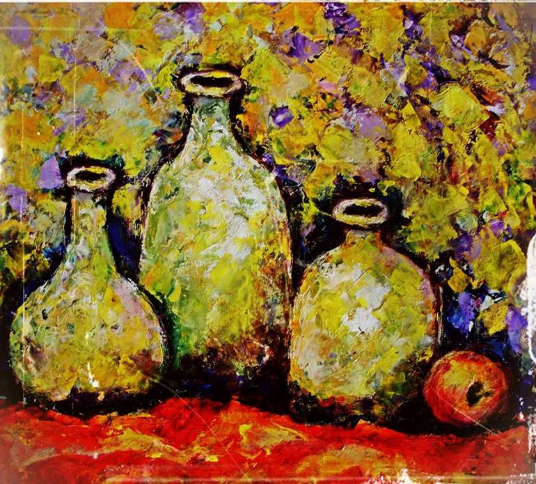 still life with bottles and fruit Painting by Raji Chacko | Saatchi Art