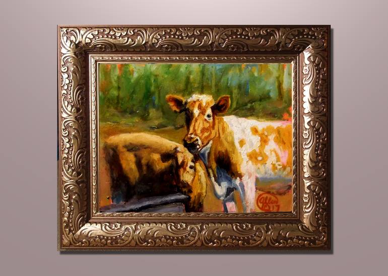 Original Expressionism Cows Painting by Allen Jones