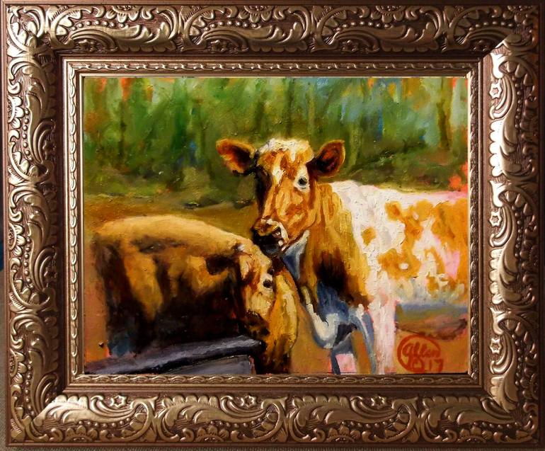 Original Expressionism Cows Painting by Allen Jones