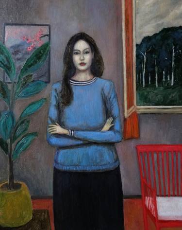 Woman with plant and red chair thumb